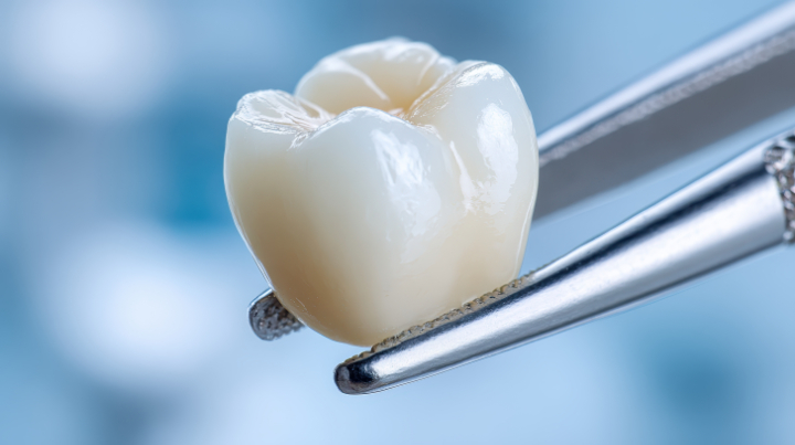 ピンセットで掴んだセラミックの歯