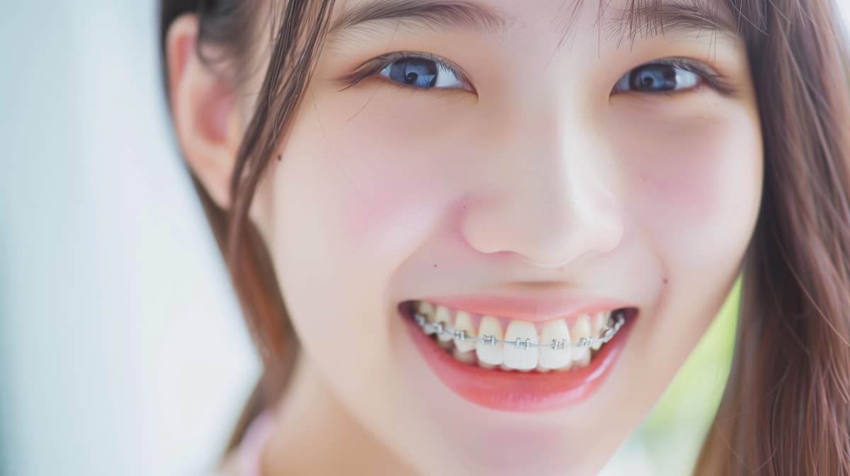 ワイヤー矯正で出っ歯を治療中の笑顔の女性